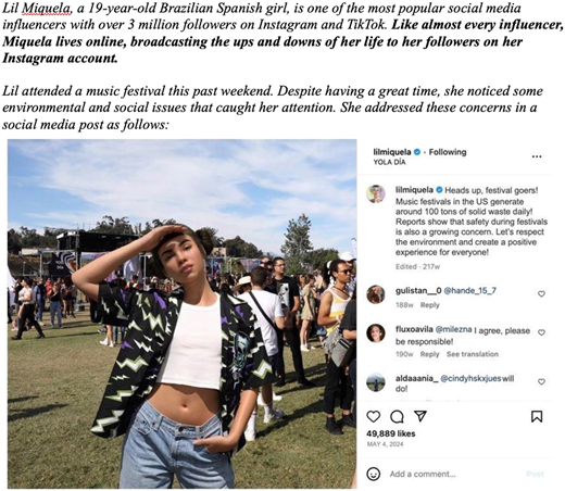 Lil Miquela at a music festival with people in the background.