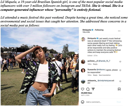 A virtual influencer named Lil Miquela at a music festival.