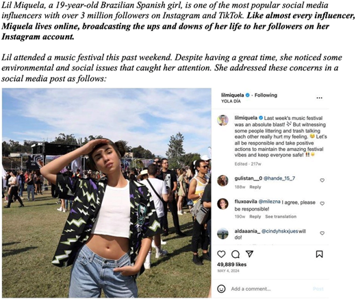 Lil Miquela at a music festival with people in the background.