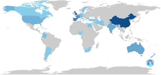 A world map shaded by country shows research distribution by author affiliations across multiple highlighted nations.