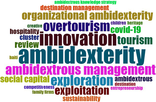 A word cloud shows keywords of varying sizes, with “ambidexterity” as the largest term and others arranged around it.