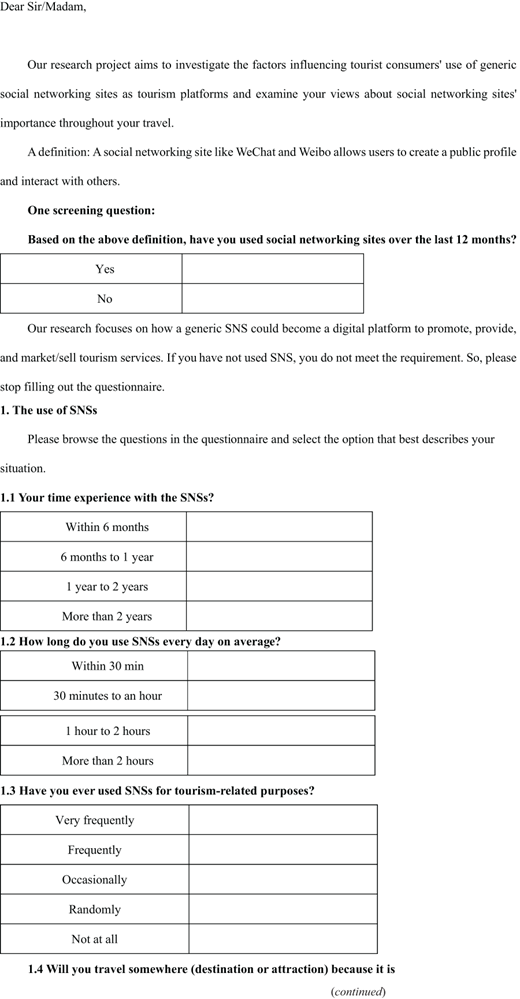 A questionnaire for a research project examining how tourists use social networking sites as tourism platforms, with screening and usage questions.