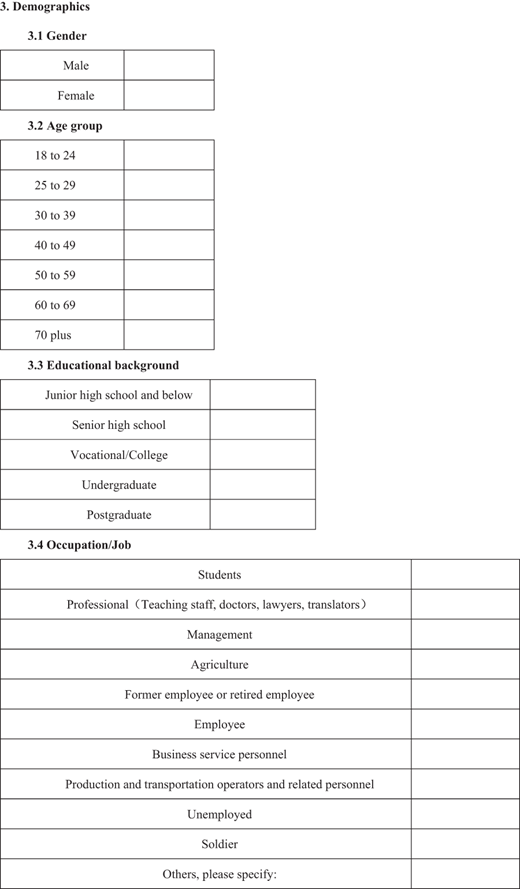 Demographic section collecting participants' gender, age, education, and occupation for the tourism social networking site survey.
