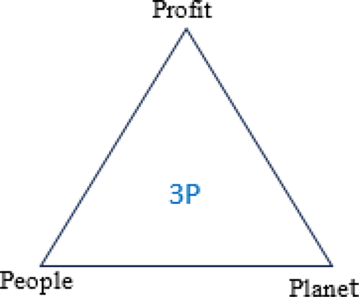 A triangular model labelled 3 P represents the balance among people, planet, and profit, symbolising the triple bottom line approach to sustainable development.