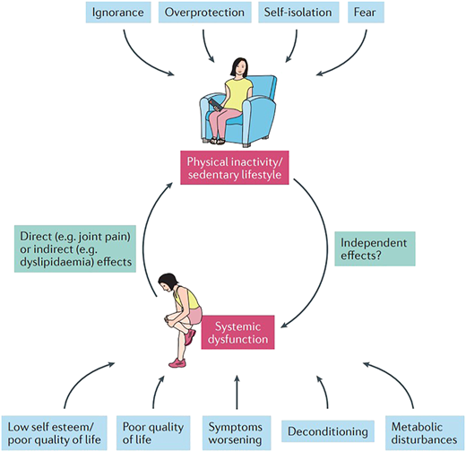 A flow diagram linking physical inactivity with systemic dysfunction and its related effects.