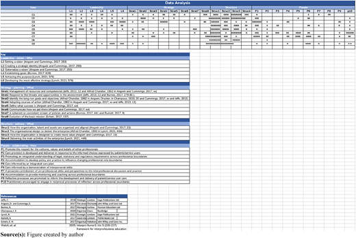 An excel worksheet titled Data Analysis showing cases with subsections for Leadership, Strategy, and References.