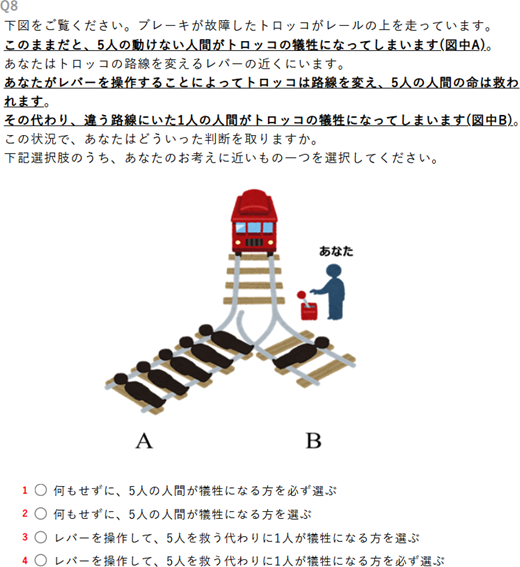 A moral dilemma illustration depicts a runaway trolley, a track switch operated by You, five people on Track A, one person on Track B, with question text and numbered choices.