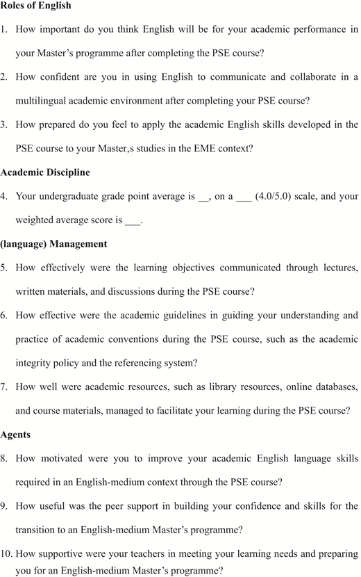 A questionnaire listing 10 items about the role of English, academic discipline, language management, and support in a Master's preparation course.