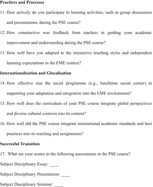 A questionnaire listing items 11 to 17 on practices, feedback, internationalisation, and assessment scores in a Master's preparation course.