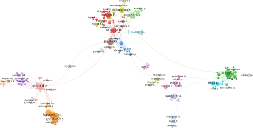 A network map of authors shows clustered collaborations with central groups around stout d e, watty k, and hassall j m, connected to multiple smaller author clusters.