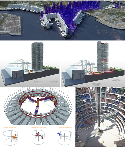 A composite rendering shows concepts for a vertical automated container port and its internal storage mechanisms.