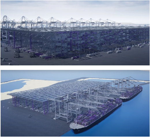 A pair of renderings shows an automated multi‑level container terminal with quay cranes and container ships.
