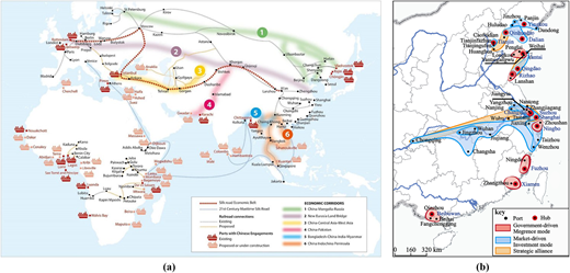 A figure shows global Belt and Road economic corridors and a detailed map of port integration in China.