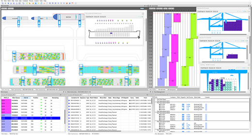 A software interface shows detailed berth and yard planning views for container terminal operations.