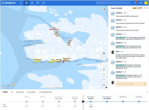 A port‑call dashboard shows a map of vessel positions with a live event timeline and voyage milestones.