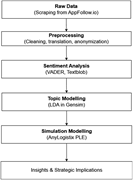 A flowchart shows raw data, preprocessing, sentiment analysis, topic modelling, simulation modelling, and insights.