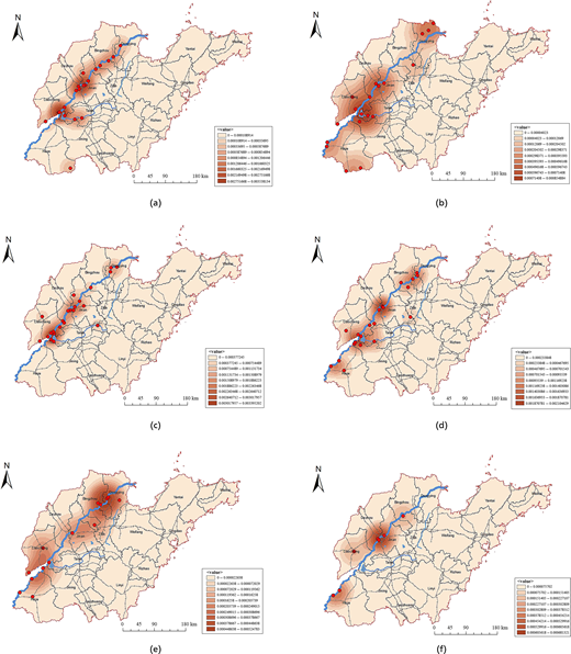 Six density maps compare spatial clustering patterns of heritage sites across Shandong Province.