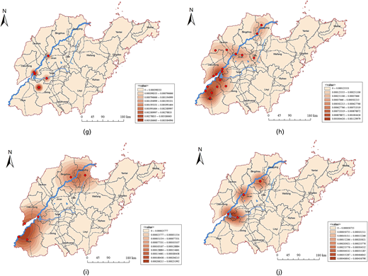 Four density maps compare spatial clustering distributions of selected heritage sites in Shandong Province.