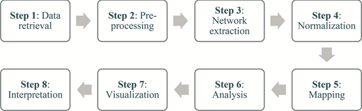 An eight-step workflow shows the stages of bibliometric analysis from data retrieval to interpretation.