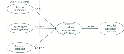 A structural model showing statistical relationships between employee experience factors, emotional engagement, and innovation capabilities.