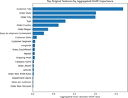 A horizontal bar graph ranks 20 original features by aggregated mean absolute SHAP value, with Customer City highest, followed by Order State and Order City.