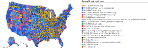 A choropleth map shows the United States by county, identifying the employment sector with the most workers in each county.