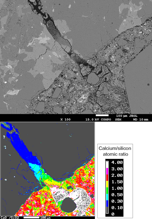 Two microscopic images showing mineral structures; the first is grey-scale, and the second colour-coded for calcium/silicon ratios, with a legend included.