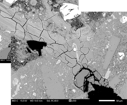 A grayscale micrograph showing mineral structures with cracks, voids, and a diverse texture. Features include angular fragments and various mineral shapes, indicating geological processes.