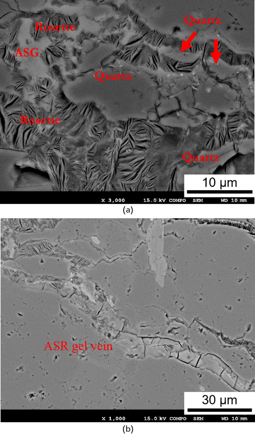 Scanning electron microscope images showing mineral structures, including labels for 'Rosette', 'ASG', and 'Quartz', indicating distinct features at different magnifications.