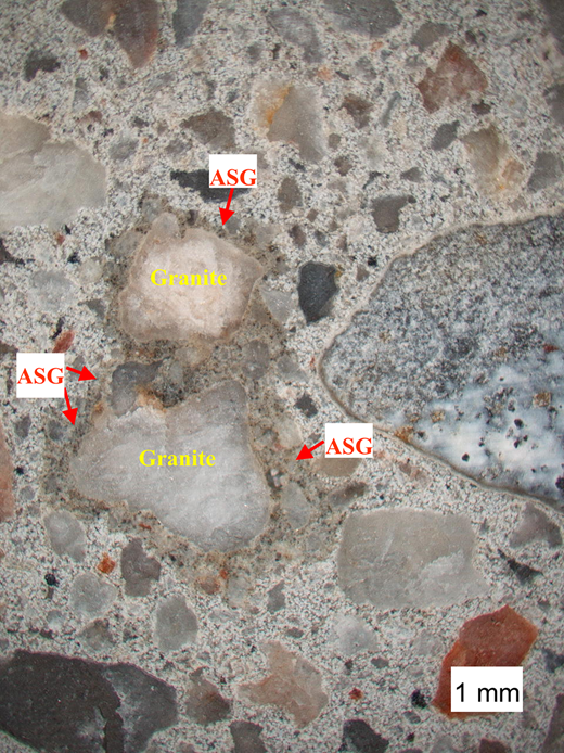 The image displays a close-up of a rock surface with multiple minerals, including granite, labeled with arrows pointing to annotations marked "ASG."