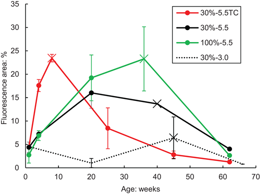 A line graph showing fluorescence area percentage over time, with data points for different conditions marked by coloured lines indicating age in weeks.