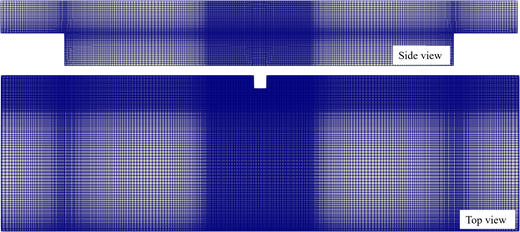 A two-view mesh model shows side view and top view of a flume geometry.