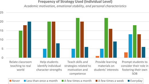 A bar chart shows frequency of belonging strategies used at individual level aimed to support academic motivation, emotional stability and personal characteristics.