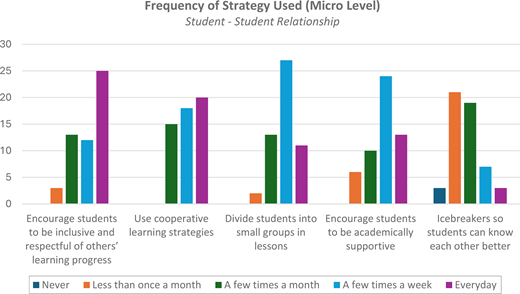 A bar chart shows frequency of belonging strategies used in micro level regarding student-student relationship.