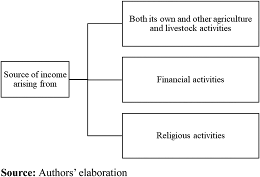 A simple diagram showing income sources divided into agriculture and livestock activities, financial activities, and religious activities.