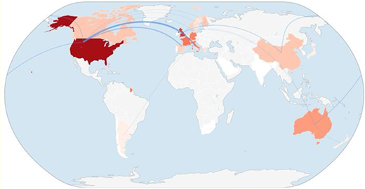 The geographic distribution of publications is presented on a world map with connection lines from the United States to other regions.
