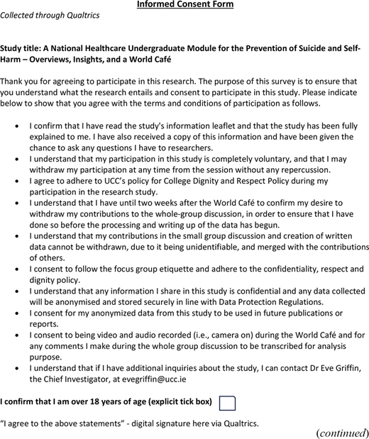 A consent form outlining study details, participant agreement statements, confidentiality terms, and consent confirmation including age verification and recording agreement.