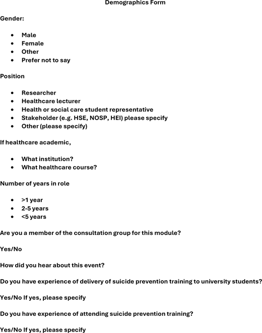 A demographics form collecting gender, position, experience, and training related information with multiple choice and open response questions.