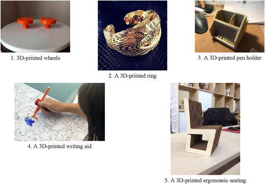 Five images of 3D-printed products, including wheels, a ring, a pen holder, a writing aid, and ergonomic seating.