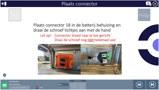 A guide showing the placement of connector 18 into a battery housing with instructions.