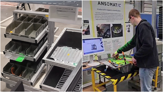 A man using a digital work instruction system on a materials cart and assembly table.