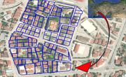 A cadastral map shows numbered parcels within block 128 over an aerial view with a regional location inset.