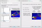 Two panels show a new relationship class setup linking parcel and building with 1 to many cardinality selection.