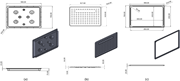 Three panels show the tactile paving plate, the damping layer, and the surrounding frame with dimensions.