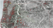 A Relief map of Oregon shows developed land concentrations, major terrain features, state boundaries, and a marked site near the northwest.