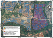 A satellite view identifies pressure and flow logging points, the water distribution network, and Raheen and Natview subzones.