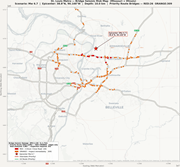 A map shows bridge seismic risk for priority routes in the St. Louis metropolitan region after a magnitude 6.7 earthquake.
