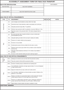 A public bus transport accessibility assessment form records bus stop identification, photograph, critical checks, non-critical checks, and remarks.