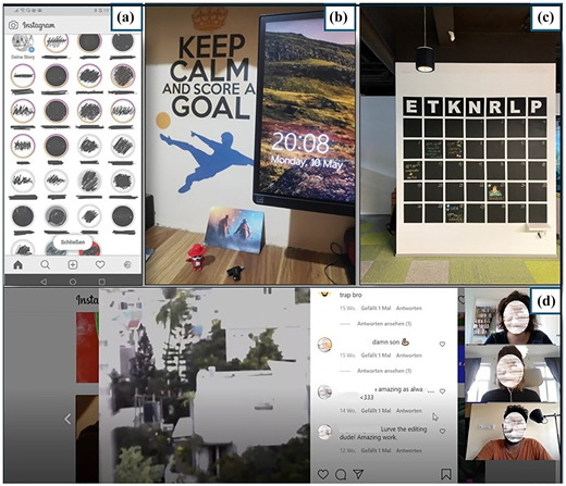 A photograph collage with Instagram screens, trees, wall text art, chalk grid wall, and masked faces in a video call.