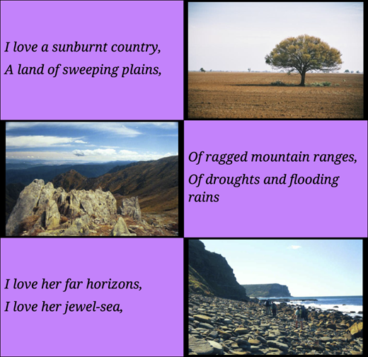 A six-panel collage shows poem text with landscapes including plains, mountains, and coastal scenes.